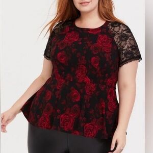 Torrid Rose Floral Print & Lace Peplum Top Short Sleeve Red & Black Size 1X
